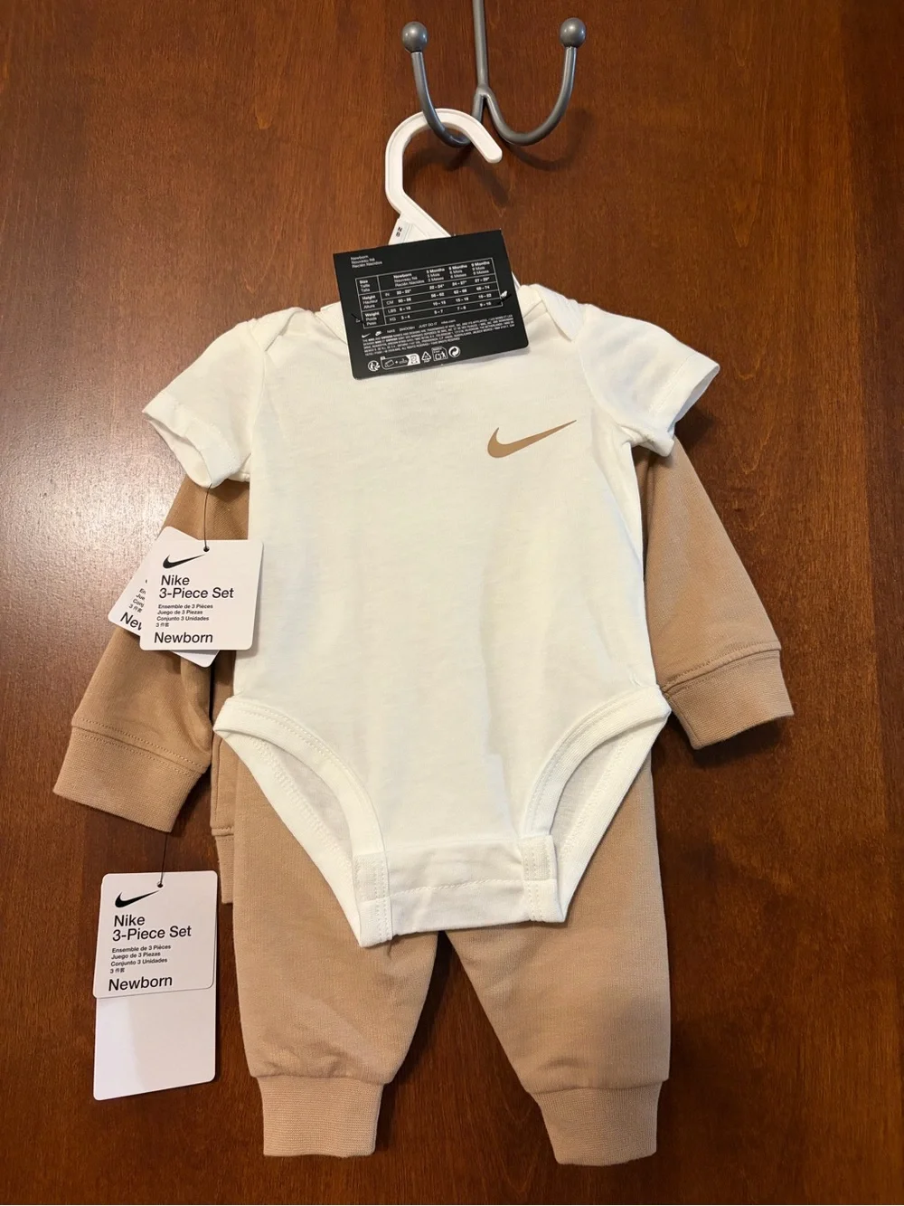 Nike Tan “Hemp” & White Newborn Hoodie, Pants & Bodysuit Set - baby shower gift